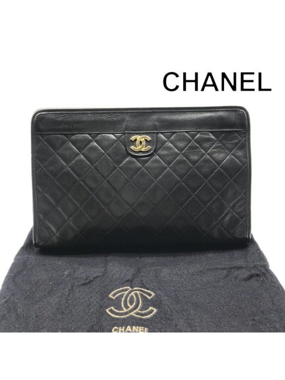 Chanel Quilted Clutch Black Gold
